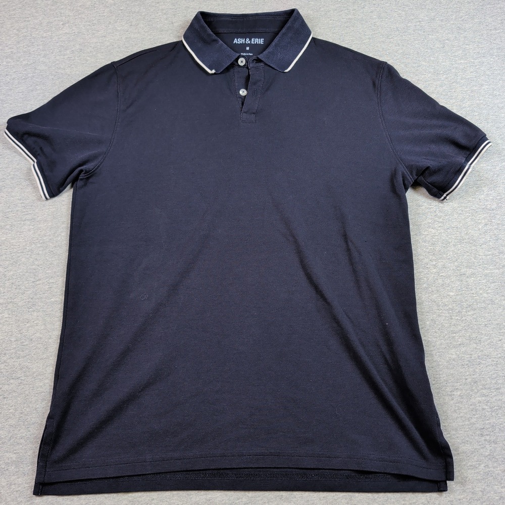 Ash & Erie Mens Pima Cotton Blend Polo Shirt Navy Blue Tipped Collar Size M